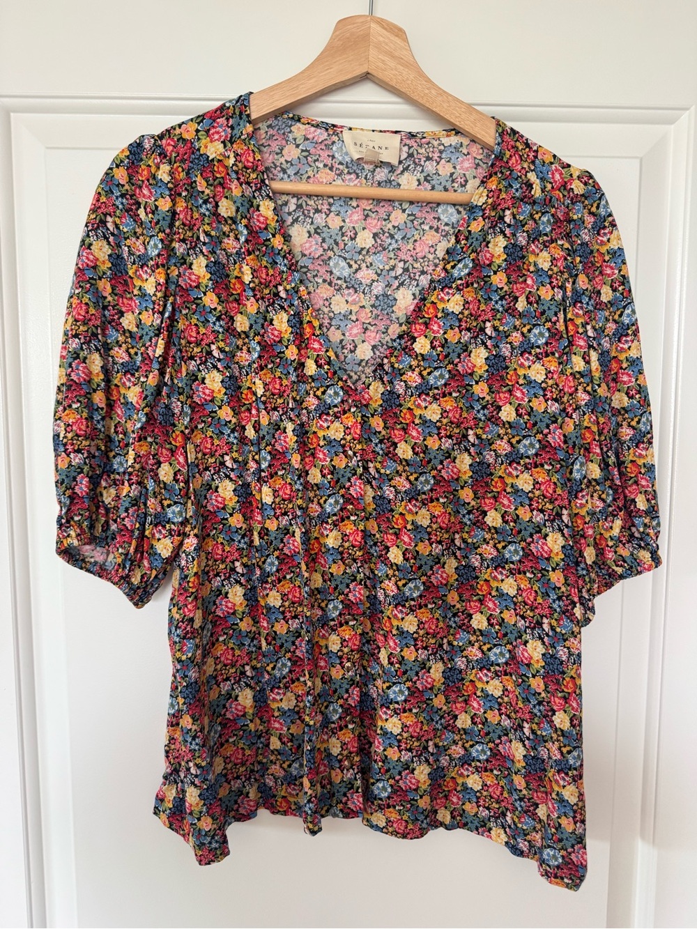 Sezane Floral V-Neck Puff Sleeve Blouse - Blue, Pink, Yellow
